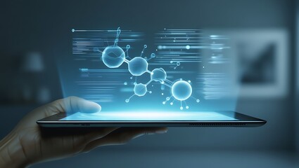 Futuristic science and medical technology concept with a hand holding a device projecting a glowing 3D molecule structure hologram