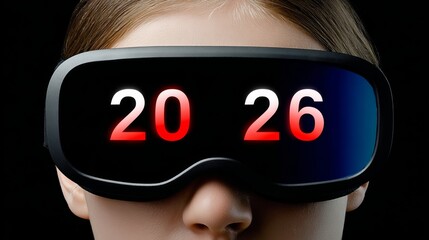 Futuristic virtual reality headset worn by a young woman, displaying bright red numbers 2026, symbolizing advanced technology and immersive experiences in digital environments