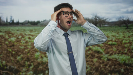 Man with glasses and tie touches temples and holds glasses with hands amid green forest trees;...