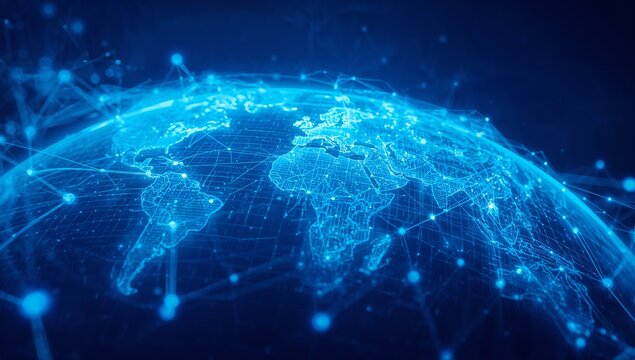 Modern global network connecting the world with glowing blue lines for technology, communication, and futuristic designs, showcasing worldwide data connections