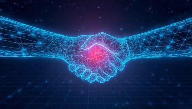 Dynamic glowing handshake symbolizes technological partnership and business agreement, conveying trust, innovation, and digital collaboration in a modern world