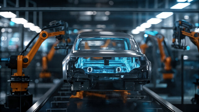 Robotic arms assembling car chassis in high-tech automotive production line featuring automated systems, precision machinery, and advanced manufacturing innovation