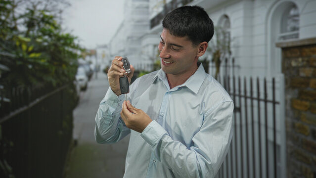 Man smiling while holding metal car key and fob on street in city neighborhood under daylight sky; confidence.