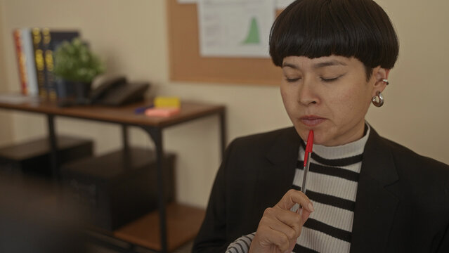Young woman wearing striped sweater and pondering with pen in an office environment featuring books, plants, and organizational decor.