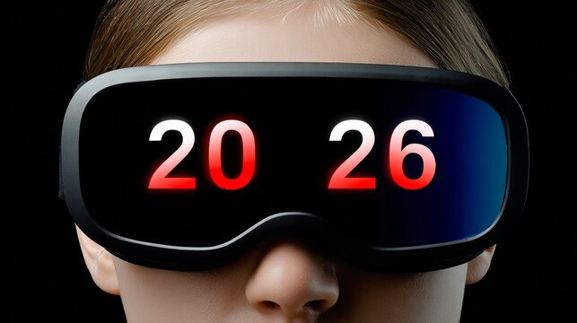 Futuristic virtual reality headset worn by a young woman, displaying bright red numbers 2026, symbolizing advanced technology and immersive experiences in digital environments