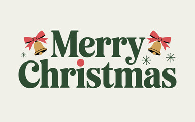 A christmas themed graphic with the words merry christmas in green with bells and bows on a cream back