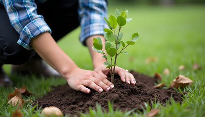 Woman planting a young tree in the soil, environmental conservation concept