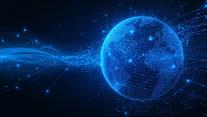 Stunning global network visualization with glowing blue nodes and connections, representing futuristic technology and interconnectedness for business solutions