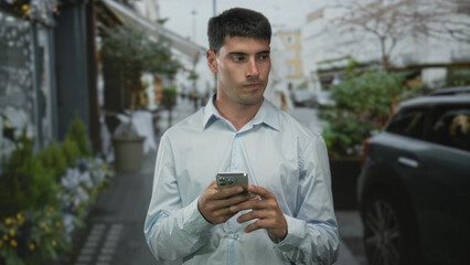 Young hispanic man holds sleek smartphone while browsing screen on busy city street; thoughtful...