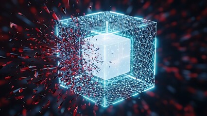 Glowing cube with a shattered edge in a dark abstract space