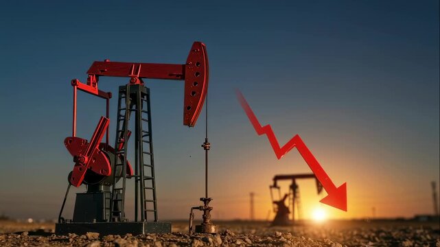 Oil pump jack on a desert landscape with a red downward arrow, symbolizing decreasing prices and decline in the petroleum industry