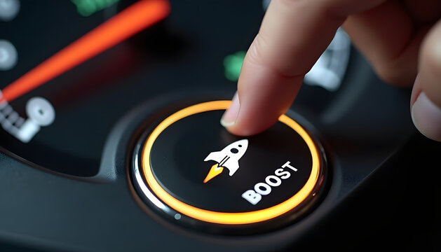 Finger pressing the boost button on a car dashboard, ready for acceleration