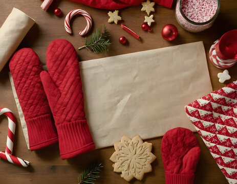 Festive kitchen top view scene featuring red quilted mitts, cookies, candy canes, rolling pin, and cookie cutter. Warmth, joy, and holiday flavor evoke, christmas greeting card with santa claus