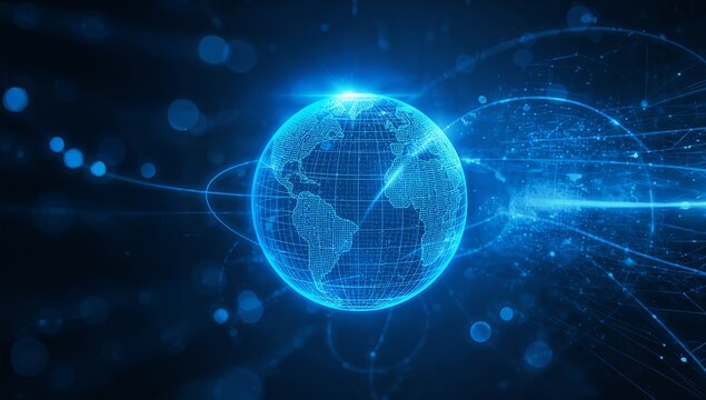 Stunning digital globe illuminating global networks, modern tech connections and worldwide communication in a vibrant blue abstract design backdrop - Powered by Adobe