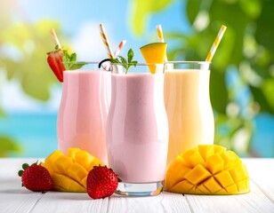 Three colorful smoothies garnished with fruit and straws, displayed on a white table with a blurred natural backdrop