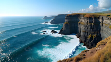 Cliffside coastline landscape with ocean waves rocky terrain and clear sky dramatic view of cliffs edge seaside landscape with waves rocky shore clear horizon