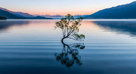 Isolated Tree in Serene Lake at Sunset | Reflective Mountain Landscape Photography

