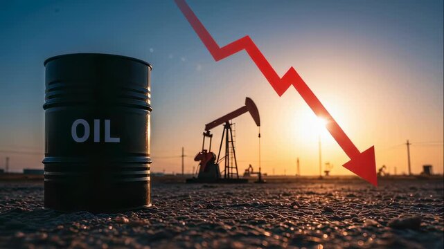 Oil barrel near oil pump jack with a declining red arrow. Financial market forecast showing decreasing price statistics. Global economy concept.