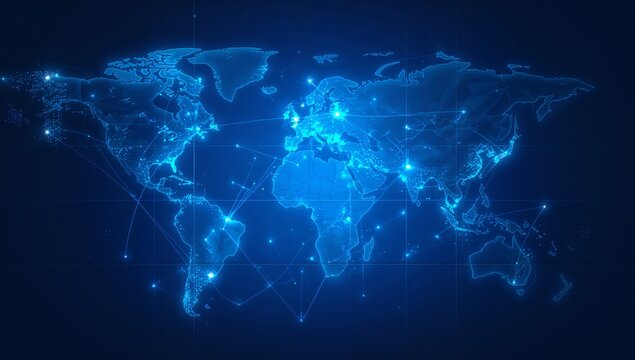 Global connections shine on a modern world map, ideal for illustrating international networks, data streams, or worldwide business reach with vibrant blue hues