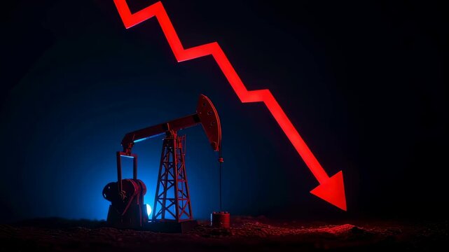 Declining oil pumpjack production with downward trend arrow. Global market recession with decreasing energy demand concept.