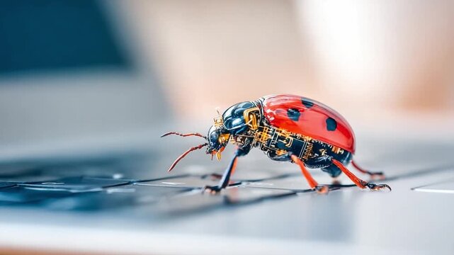 Vibrant Ladybug Exploration: A close-up shot of a striking red ladybug with black spots exploring a digital keyboard, its delicate antennae sensing its surroundings.