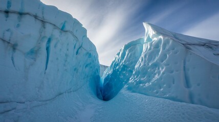 Glacier crevasse with deep blue ice walls under a bright sky © Khokan