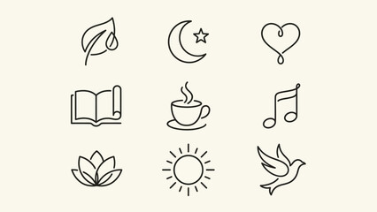 Clean Outline Icons Set Daily Essentials Nature Spirituality Love