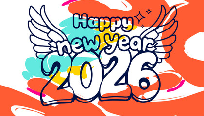 happy new year 2026 with wings and colorful abstract background