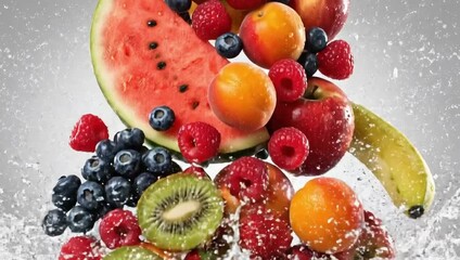 Assortment of fresh fruits including strawberries, blueberries, raspberries, kiwi, and orange slices splashing in water - Powered by Adobe