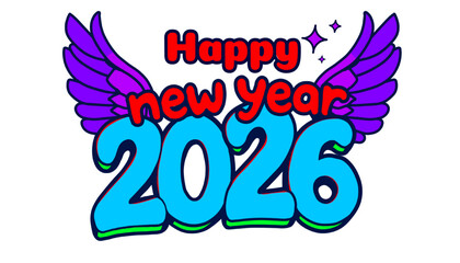happy new year 2026 with stylized wings and bright colors on a transparent background