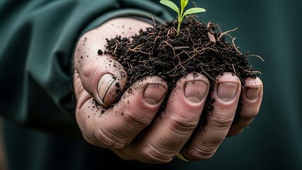Hand holding a small plant growing from soil in the palm of hand