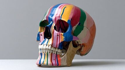 Colorful artistic skull sculpture featuring vibrant stripes and patterns, showcasing a unique blend of creativity and anatomy, perfect for artistic expression and visual storytelling