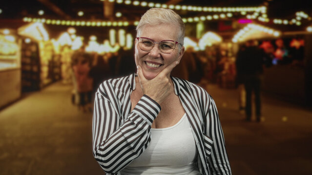 Middle aged woman smiling with hand on chin at night market street amid souvenir stalls and string lights; joy thinking. - Powered by Adobe