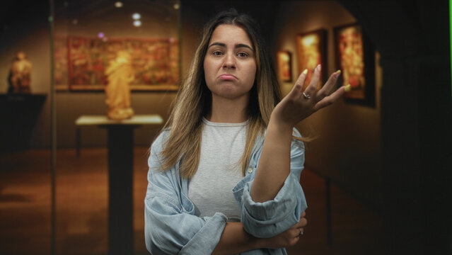 Woman with hand on chin and folded arms in art gallery near sculptures and framed paintings, looking up with a slight pout; pensive doubt.