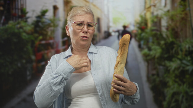 Middle age woman holding long baguette with hand raised palm out on a narrow city street, wearing glasses and light shirt for emphasis; firm refusal.