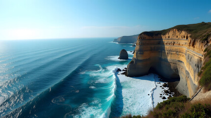Coastal cliffs coastline with ocean waves rocky formations and sunny sky scenic view of cliffs edge seaside landscape of waves rocky shore and clear sky
