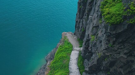 A dramatic cliffside view with a winding staircase leading to a small hidden beach