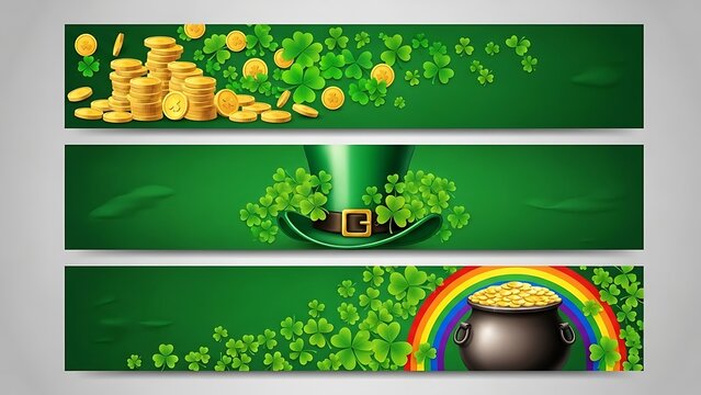 St Patricks Day themed banner set with gold coins shamrocks and leprechaun hat for seasonal celebrations and designs