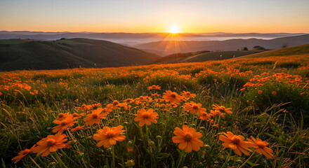 Fototapeta premium Sunset Serenade over Golden Meadow — Vibrant Wildflowers and Rolling Hills