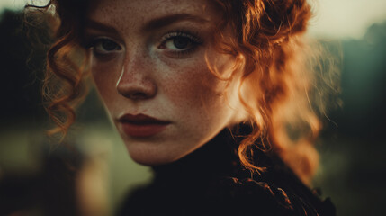 Obraz premium Portrait of a red-haired gothic woman with curly hair in near ancient ruins, dramatic lighting and blurred background for book cover or fantasy concept art