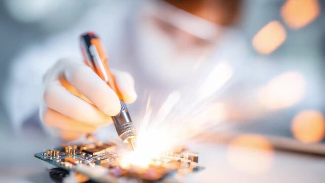 Circuit Board in Action: A focused technician meticulously examines a circuit board, with the energy of the work igniting bright sparks and highlighting the precision required. 