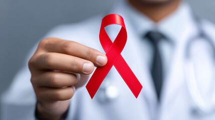 Doctor holding red awareness ribbon close up, symbolizing World AIDS Day and medical support, ideal for healthcare campaigns, prevention materials, clinic posters and educational resources