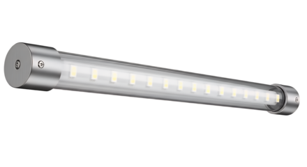 Modern cylindrical LED tube lamp with a sleek metallic finish for contemporary lighting, shown in a detailed close-up and isolated on transparent background