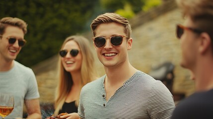 A group of friends enjoying a barbecue on a sunny afternoon, with food sizzling on the grill and laughter in the air