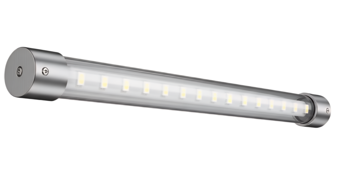 Modern cylindrical LED tube lamp with a sleek metallic finish for contemporary lighting, shown in a detailed close-up and isolated on transparent background