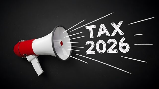 Tax 2026 announcement with megaphone on black background for financial planning and economic forecasting urging compliance and preparation for future fiscal responsibilities and tax regulations