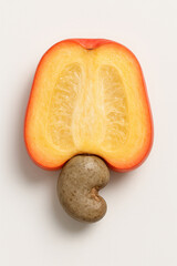 Cashew Fruit Cross-Section with Attached Nut on Clean Studio Background