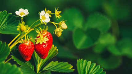 Fresh red strawberries, blossoms, unripe berries on green plant.