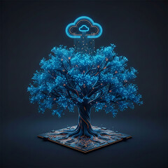 Digital Neural Tree Connected to Cloud Network &ndash; Futuristic AI Data Visualization
