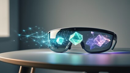 Immersive Futuristic Augmented Reality Glasses Displaying Geometric Shapes and Digital Connections
